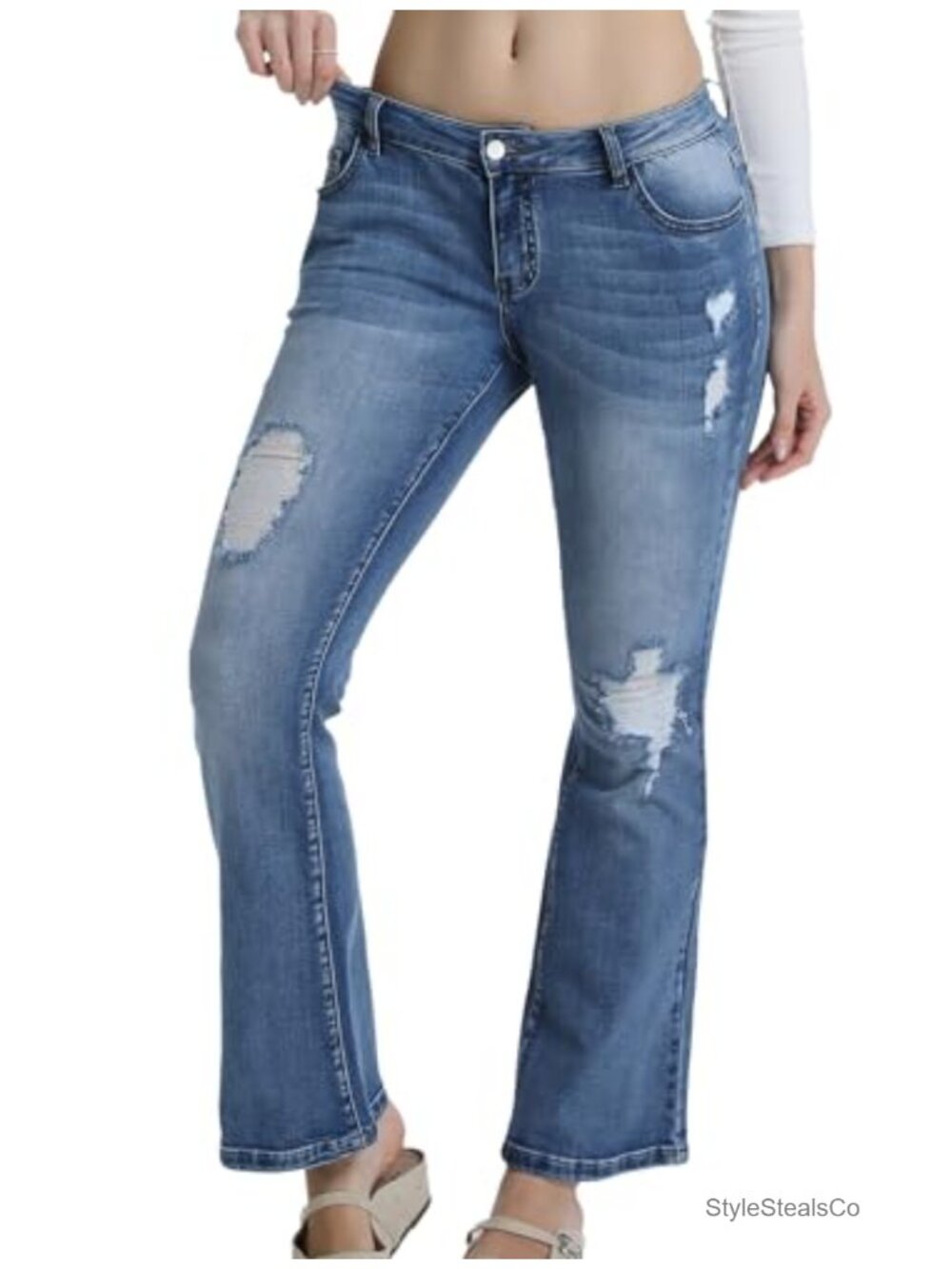 Low Rise Bootcut Jeans Super Stretch Distressed Ripped Western Denim - Picture 2 of 6